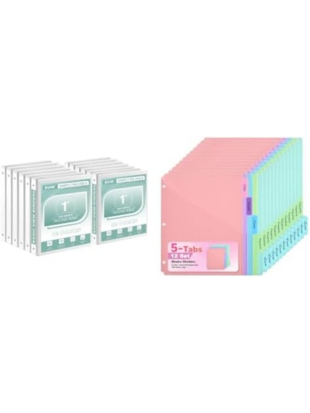 12 White 1-Inch Binders with 12 Sets of 5-Tab Pocket Dividers for Organizing